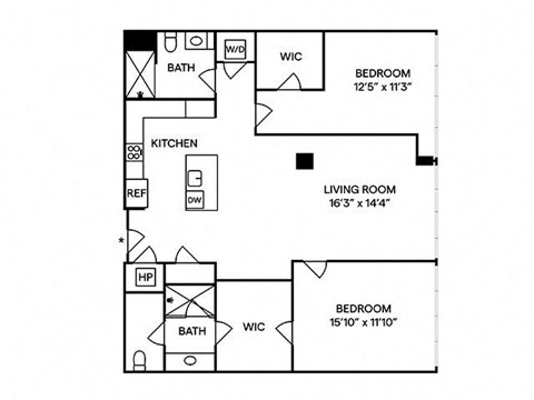 Floor plan for 2 beds, 2 baths, 1394 sqft